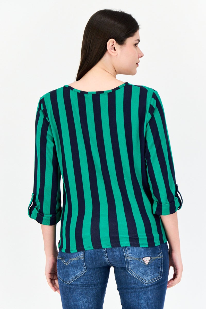 ADRIENNE VITTADINI بلوزة نسائية بياقة على شكل V بأكمام 3/4 مخططة، متعددة الألوان - Image 3