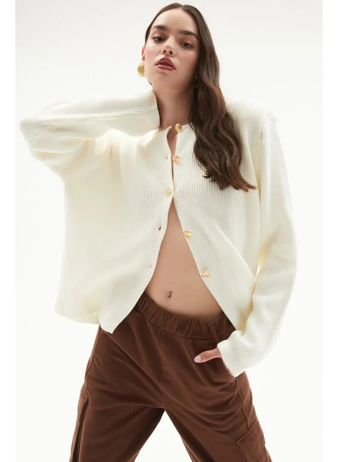 JUNE June Button Detailed Padded Knitwear Cardigan Ecru