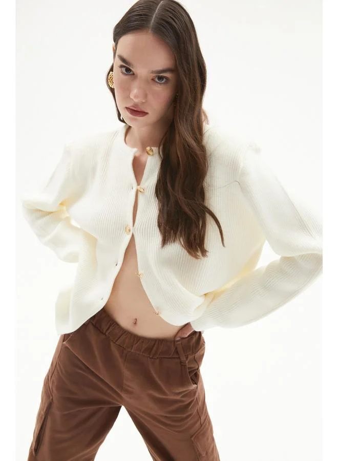 JUNE June Button Detailed Padded Knitwear Cardigan Ecru