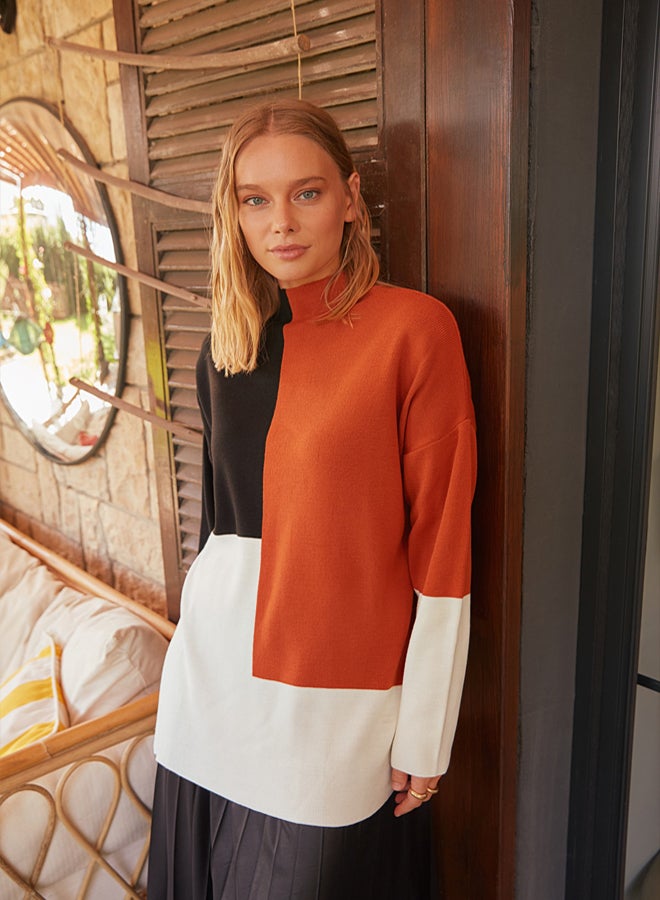 trendyol Brown Color Block High Neck Knitwear Sweater - Image 2