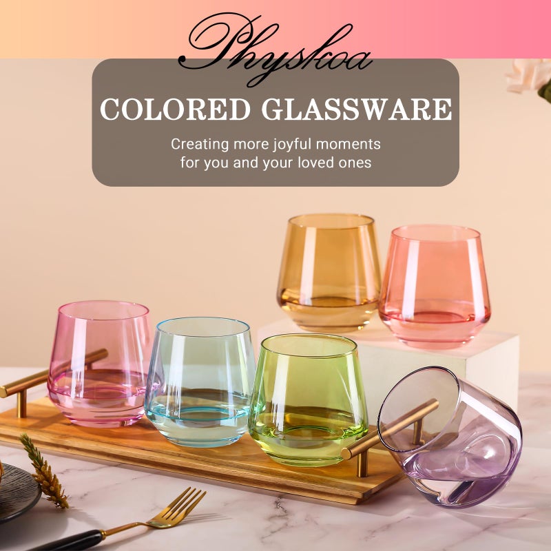 Physkoa Colored Stemless Wine Glasses Set of 6, Multi color Wine Glasses14oz,Diamond Shaped Cocktail Glass,Colorful Short Tumblers.Unique Drinkware for Home Party - Image 3