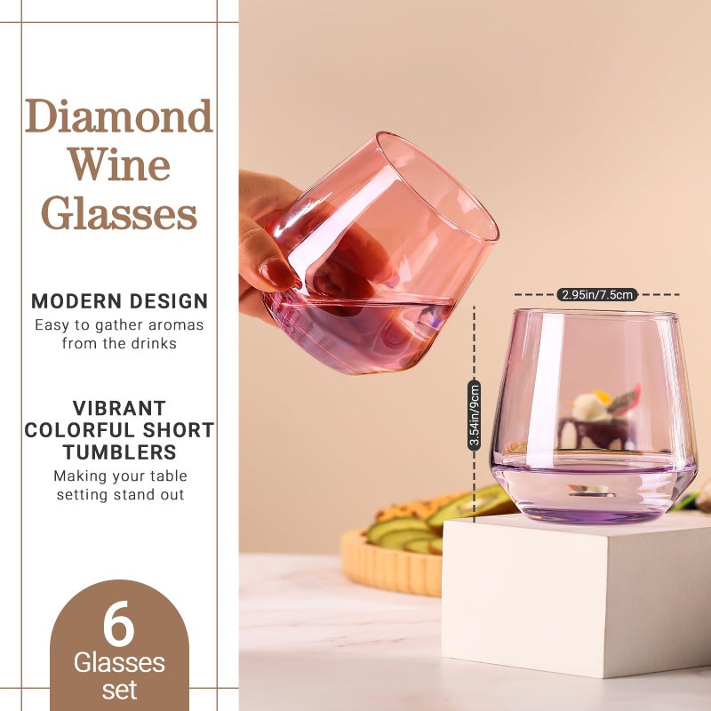 Physkoa Colored Stemless Wine Glasses Set of 6, Multi color Wine Glasses14oz,Diamond Shaped Cocktail Glass,Colorful Short Tumblers.Unique Drinkware for Home Party - Image 4