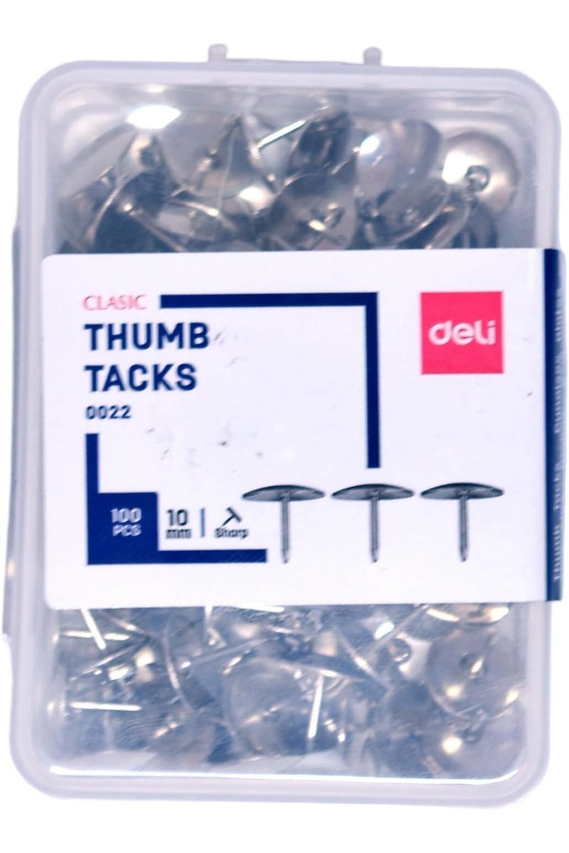 Deli 100-Piece Thumb Tacks, 10 mm Size, Silver - Image 2