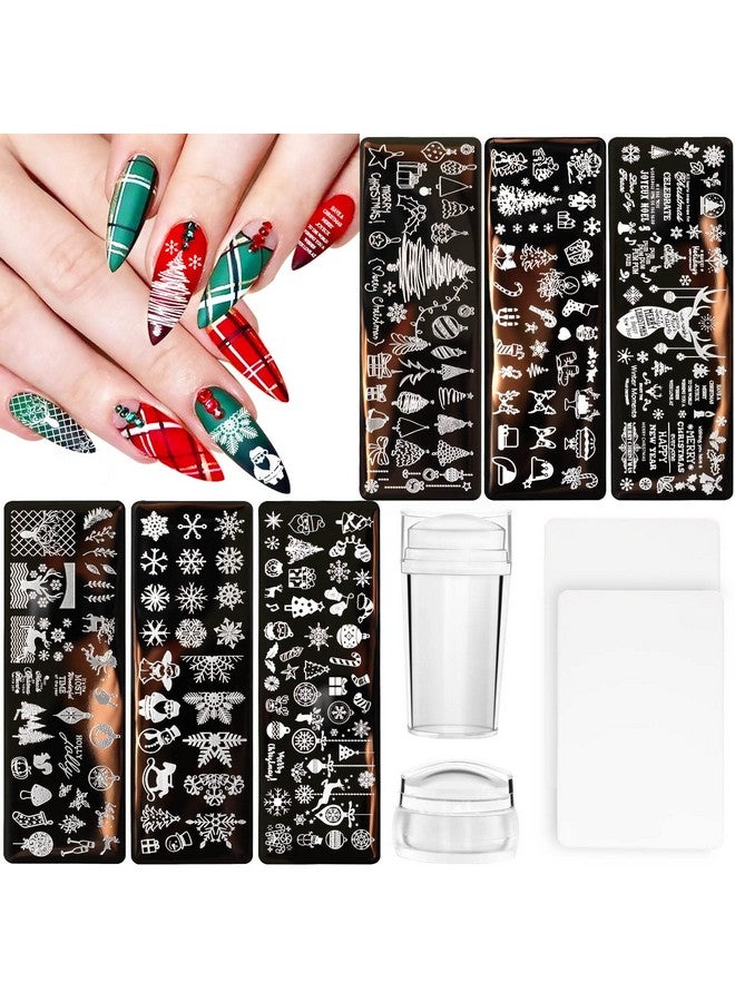 JUNEBRUSHS JUNEBRUSHS 10Pcs Christmas Nail Stamping Plates, 6Pcs Nail Art Templates 2 Nail Stamper 2 Scraper with Snowflakes Snowman Santa Xmas Tree Ball Elk Nail Stencils Image Plates Tools(Christmas Style) - Image 1