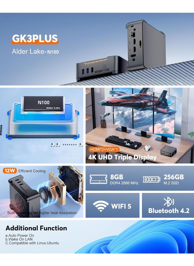 Aecpc - Aecpc GK3 Plus Mini PC Intel 12th Gen N100 (up to 3.4GHz) Mini PC Windows 11 Pro,2.5-inch SSD,Gigabit Ethernet/ 4K UHD/WiFi/BT/VESA/Home/Business Mini Desktop Computer - Image 1