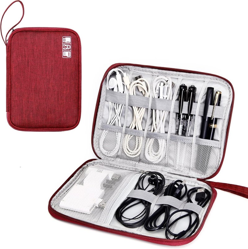 Portable bag for organizing and storing cables, electronic accessories, wires, mobile phones, chargers, flash drives, and other polyester, brought to you by Happy Home (red)
