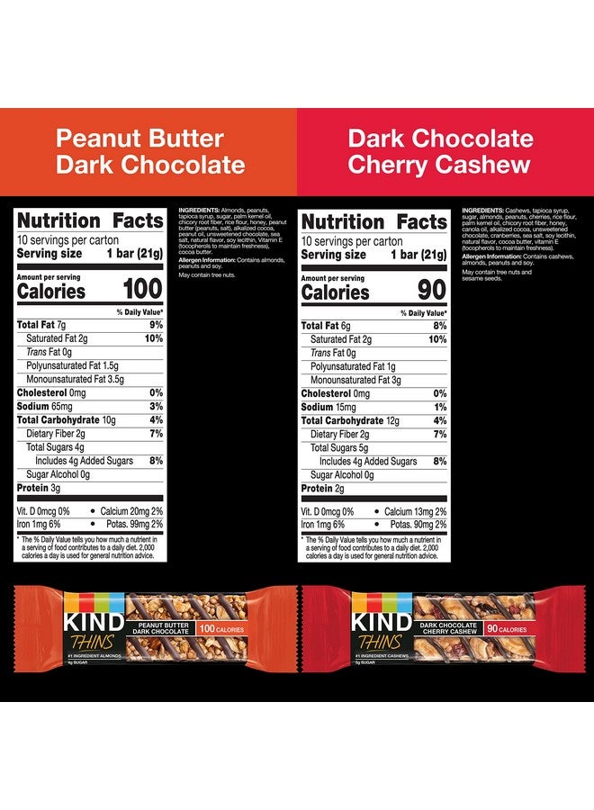 KIND Thins Variety Pack, Peanut Butter Dark Chocolate, Dark Chocolate Cherry Cashew, Healthy Snacks, Low Calorie, 20 Count - Image 2
