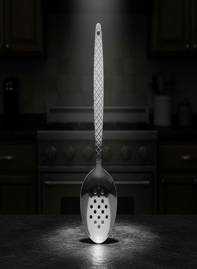 BNAZIND Chef Kunz Perforated Spoon | Silver 18/10 Stainless Steel Serving and Draining Spoon | 9 inch Basting, Quenelle, Cooking, Plating, Dinner Chef Spoons with Non-Slip Grip - Image 4