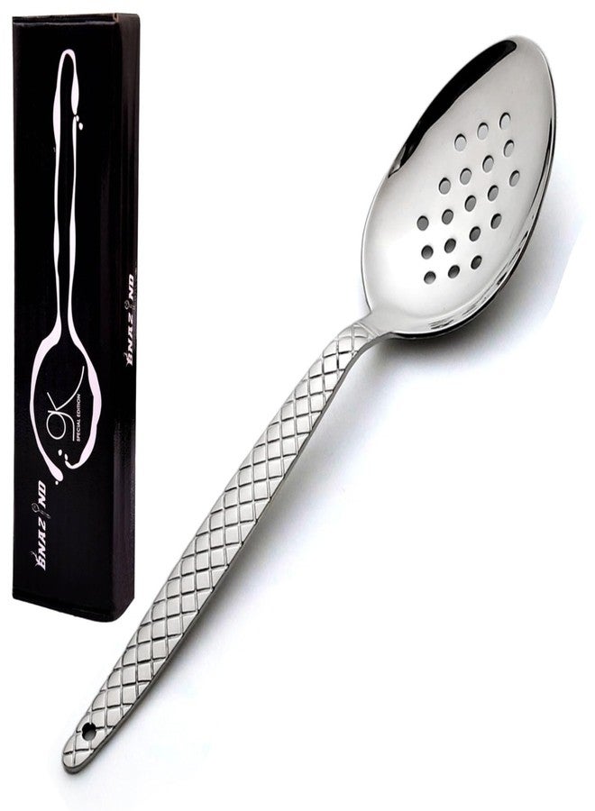 BNAZIND Chef Kunz Perforated Spoon | Silver 18/10 Stainless Steel Serving and Draining Spoon | 9 inch Basting, Quenelle, Cooking, Plating, Dinner Chef Spoons with Non-Slip Grip - Image 1