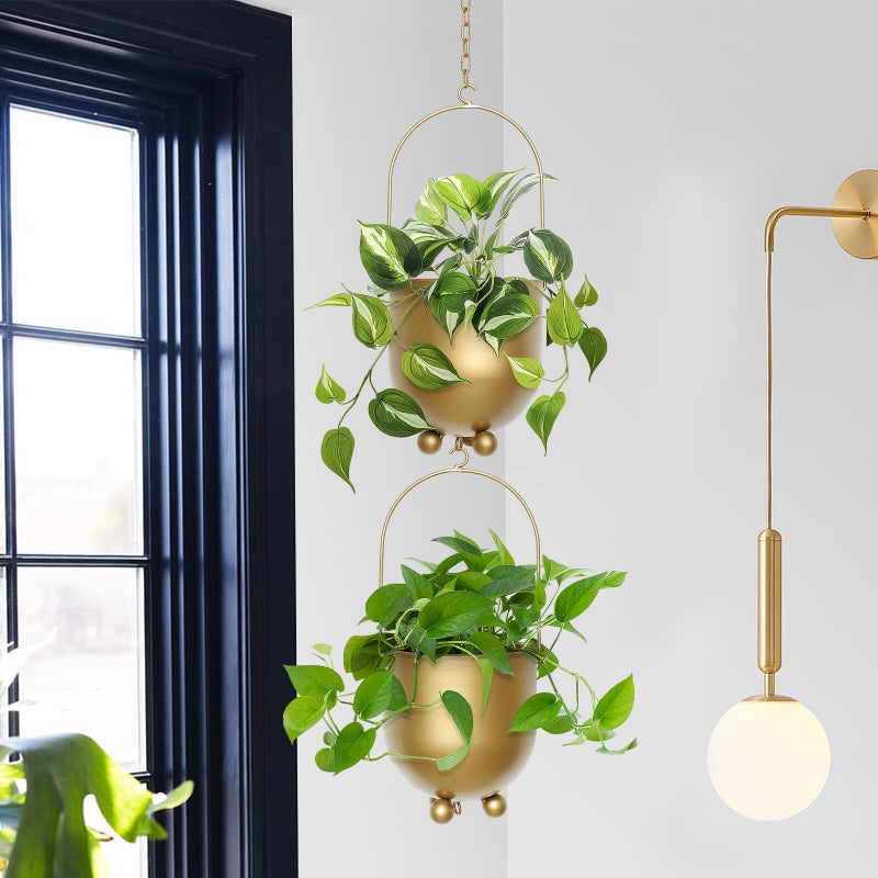 AceList Boho Gold Metal Hanging Planters, Set of 2 with Hooks & Chains - Versatile Wall & Ceiling Plant Hangers for Indoor/Outdoor DÃ©cor - Image 4