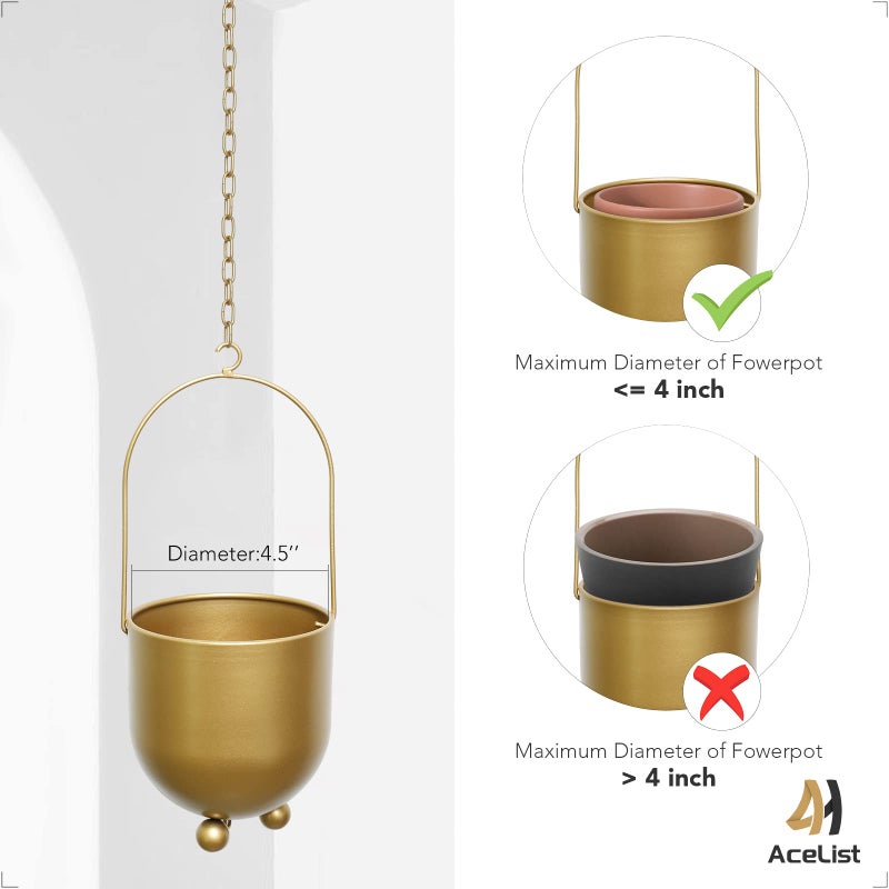 AceList Boho Gold Metal Hanging Planters, Set of 2 with Hooks & Chains - Versatile Wall & Ceiling Plant Hangers for Indoor/Outdoor DÃ©cor - Image 3