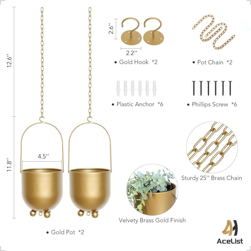 AceList Boho Gold Metal Hanging Planters, Set of 2 with Hooks & Chains - Versatile Wall & Ceiling Plant Hangers for Indoor/Outdoor DÃ©cor - Image 2