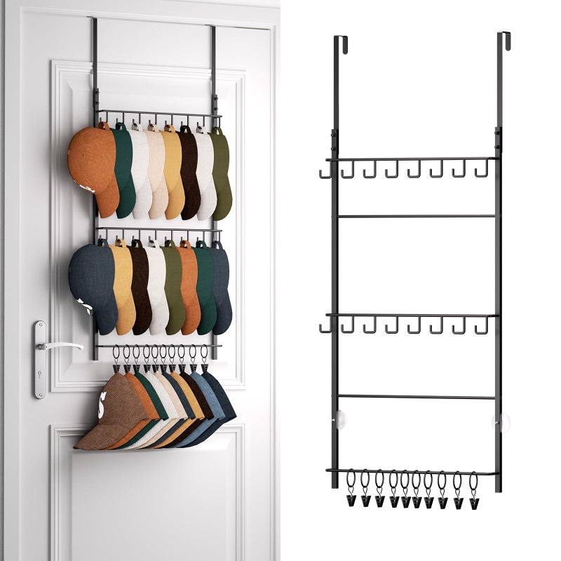 HapiRm Over Door Hat Rack - 3 Tier Wall Mounted Hat Organizer with 16 Hooks and 10 Movable Clips, Baseball Cap Organizer Storage Holds up to 26 Caps for Door, Bedroom, Closet USPTO Patent Pending - Image 1