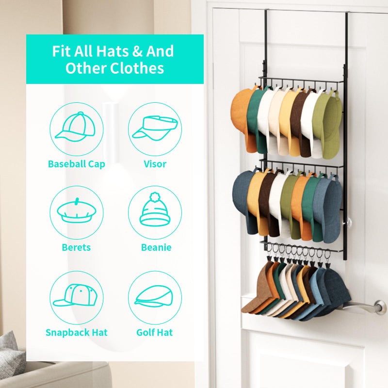 HapiRm Over Door Hat Rack - 3 Tier Wall Mounted Hat Organizer with 16 Hooks and 10 Movable Clips, Baseball Cap Organizer Storage Holds up to 26 Caps for Door, Bedroom, Closet USPTO Patent Pending - Image 4