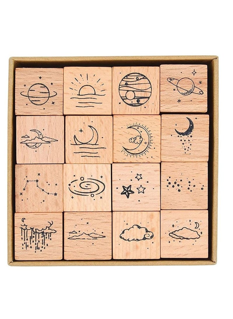 Y&D 16 Pcs Lot Vintage Star Moon Cloud Decoration Stamp Wooden Rubber Stamps for DIY Crafts, Card Making, Calendar  - Image 1