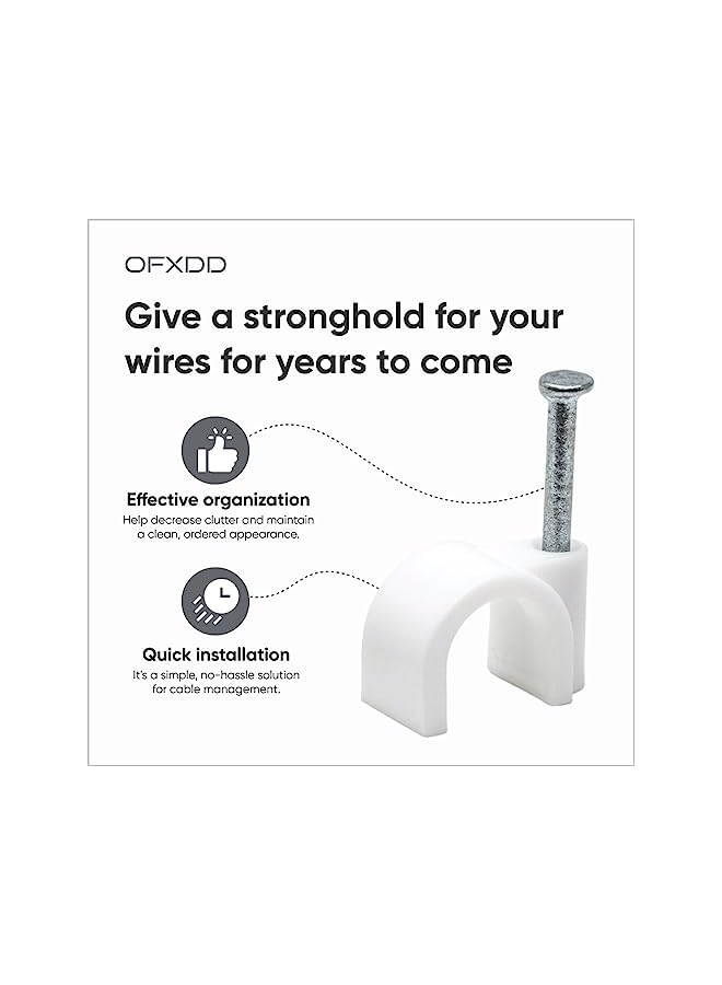 promass Cable Clips 8 mm - Cord Clips for Wall 50 Pcs - White Cable Clips with Steel Nails - Mounting Clips for Round Cable & Wire, Indoor & Outdoor - Image 4