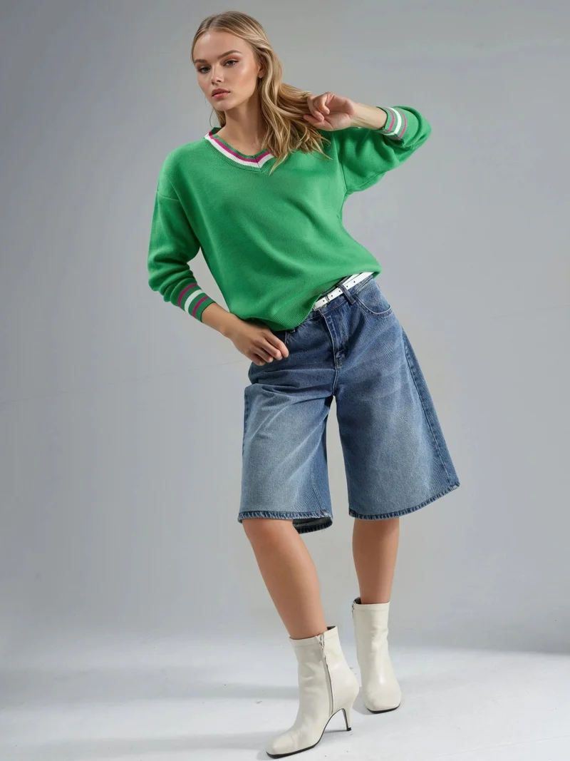MY FASHION Green MY FASHION V-Neck Striped Knit Sweater for Women | Best Price UAE