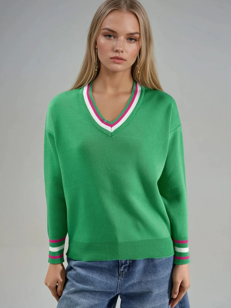 MY FASHION Green MY FASHION V-Neck Striped Knit Sweater for Women | Best Price UAE