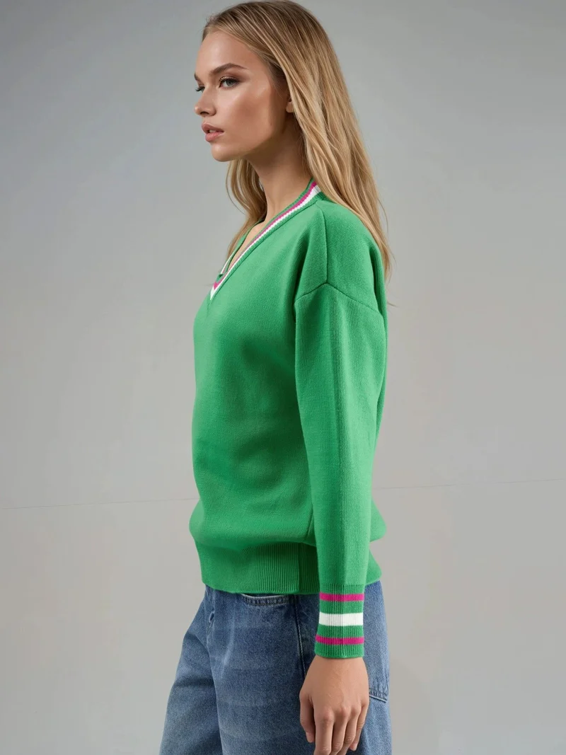 MY FASHION Green MY FASHION V-Neck Striped Knit Sweater for Women | Best Price UAE