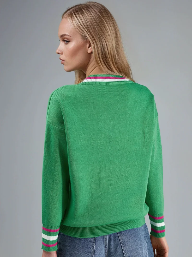 MY FASHION Green MY FASHION V-Neck Striped Knit Sweater for Women | Best Price UAE