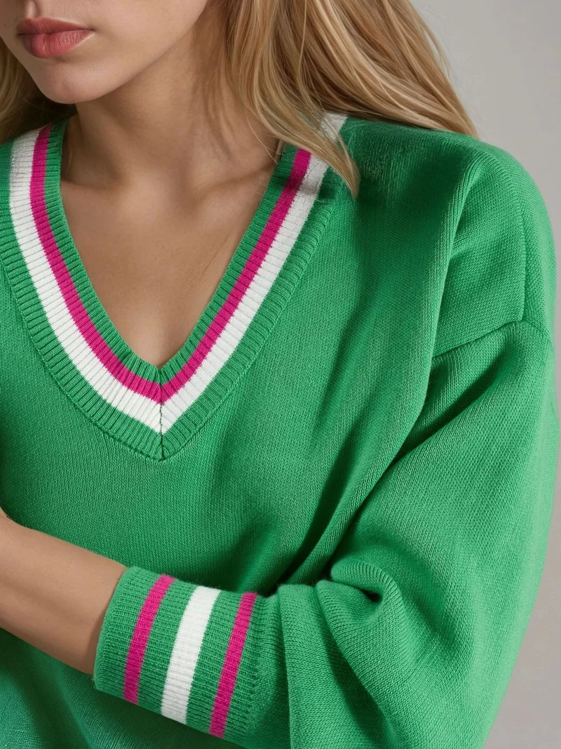 MY FASHION Green MY FASHION V-Neck Striped Knit Sweater for Women | Best Price UAE