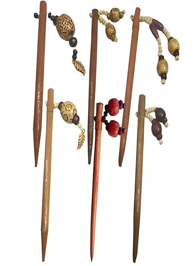 Salvus App SOLUTIONS Handmade Brown Wooden Beads Hair Pin/Juda Stick For Women & Girls, Set of 6 (1.2x12 Cm, Wood) - Image 1