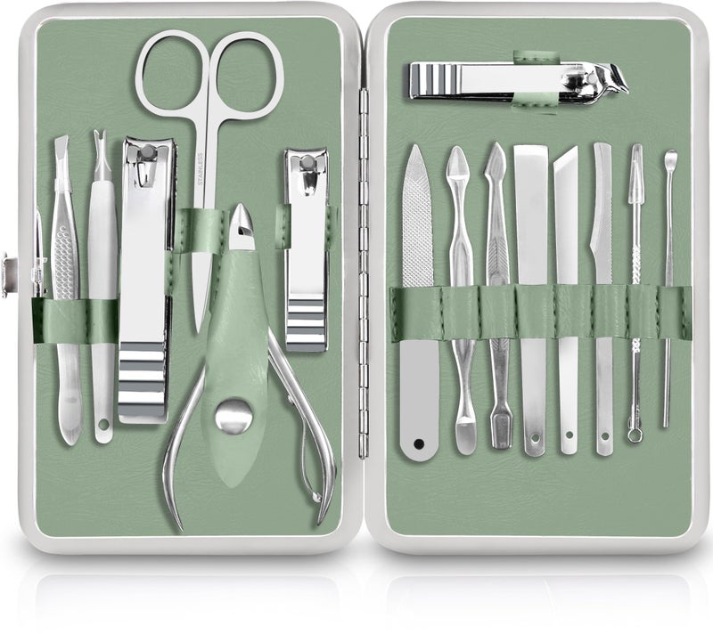 Utopia Care - Manicure Kit for Women and Men, Manicure Set with Nail Clippers or Nail Kit Includes Fingernail & Toenail Clippers,15-Pcs Pedicure Kit Stocking Stuffers with Travel Case - Green - Image 1