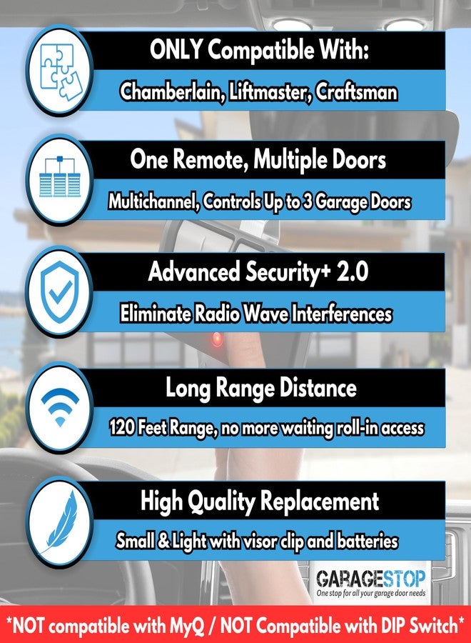 GARAGE STOP ثلاثة أجهزة تحكم عن بعد بديلة لأجهزة فتح أبواب المرآب العالمية من LiftMaster و Chamberlain و Craftsman، طرازات 893LM و 893Max و 891LM و 371LM و 373LM و 971LM و 973LM، بمدى طويل جدًا - Image 2