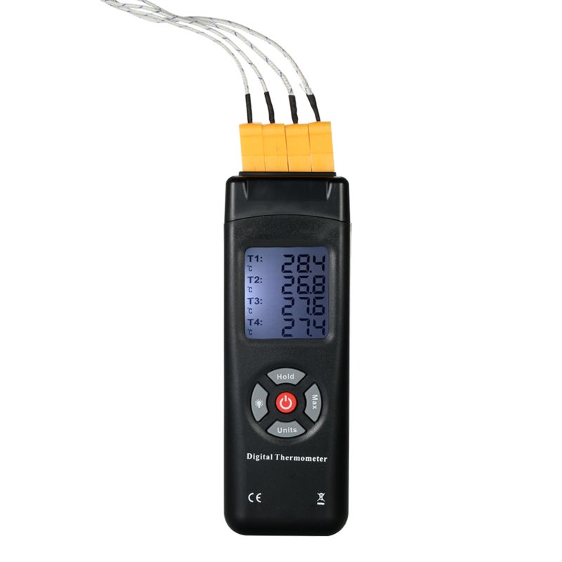 Digital Thermometer: 4-Channel K-Type Thermocouple Inputs, Backlit Digital LCD Display, -50~1350°C Range - Data Hold & Value Recording Function, Portable Industrial Thermometer for Professional Temper - Image 1