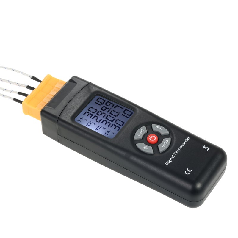 Digital Thermometer: 4-Channel K-Type Thermocouple Inputs, Backlit Digital LCD Display, -50~1350°C Range - Data Hold & Value Recording Function, Portable Industrial Thermometer for Professional Temper - Image 2