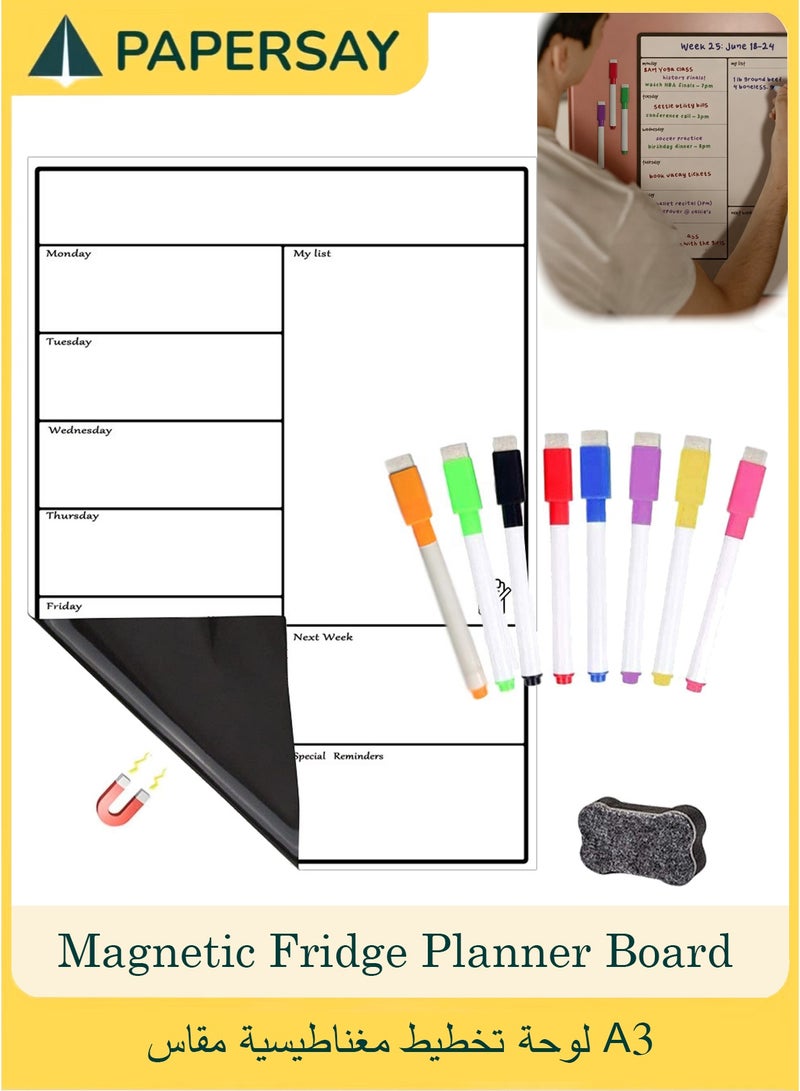 PAPERSAY A3 Magnetic Whiteboard Fridge Calendar, Meal Menu Planner and Shopping List White Board, Memo Board and Family Planner Notice Board for Refrigerator Dry Erase, Weekly - Image 1