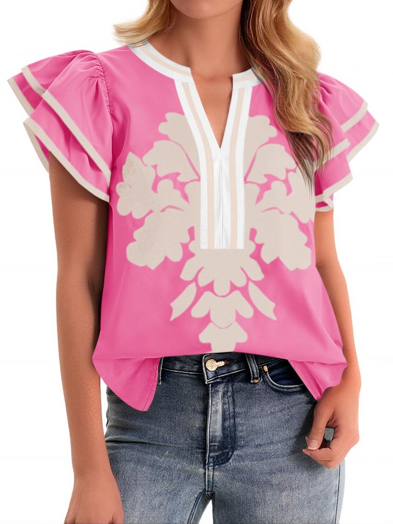Cicy Bell Womens Ruffle Color Block Blouses Summer Casual V Neck Floral Print Tank Tops Pleated Loose Fit Shirts Pink - Image 1