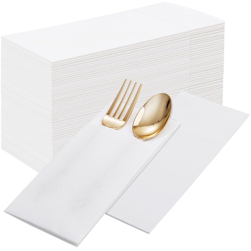 Joyido 100PCS White Paper Napkins with Built-in Flatware Pocket - Cloth Like Prefolded Disposable Napkins - Heavy-duty Linen-Feel Dinner Napkins for Party & Wedding & Dinner - Image 1