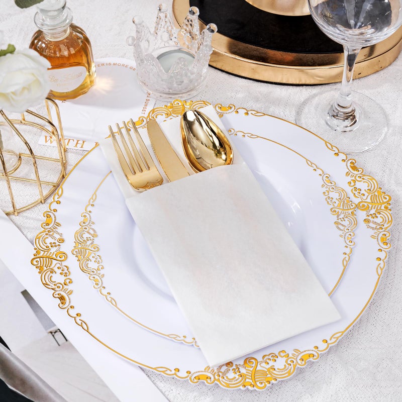 Joyido 100PCS White Paper Napkins with Built-in Flatware Pocket - Cloth Like Prefolded Disposable Napkins - Heavy-duty Linen-Feel Dinner Napkins for Party & Wedding & Dinner - Image 4