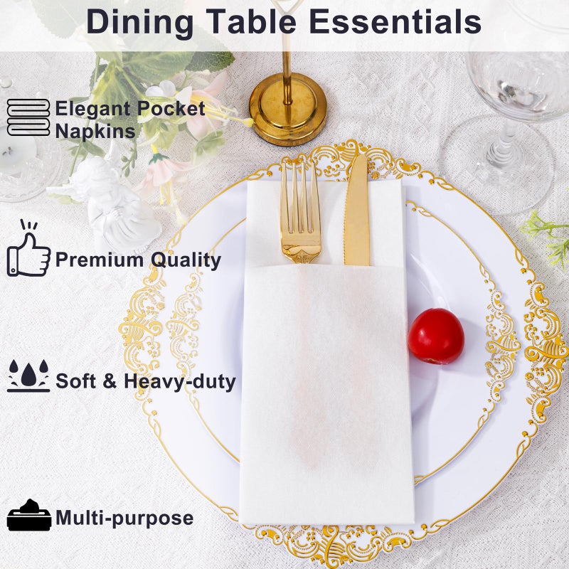 Joyido 100PCS White Paper Napkins with Built-in Flatware Pocket - Cloth Like Prefolded Disposable Napkins - Heavy-duty Linen-Feel Dinner Napkins for Party & Wedding & Dinner - Image 2