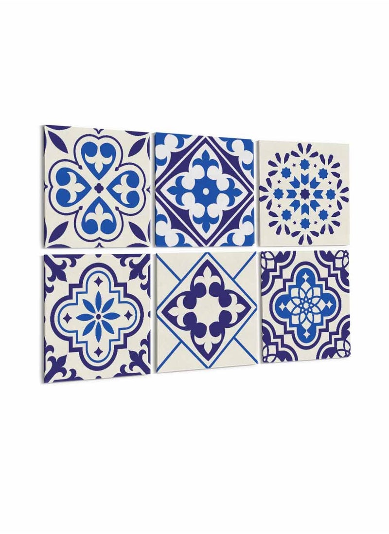 LOWHA Set Of 6 Framed Square Canvas Wall Arts Stretched Over Wooden Frame, Floral Mosaic Tiles Painting, For Home, Living Room, Office Decor  - Image 1