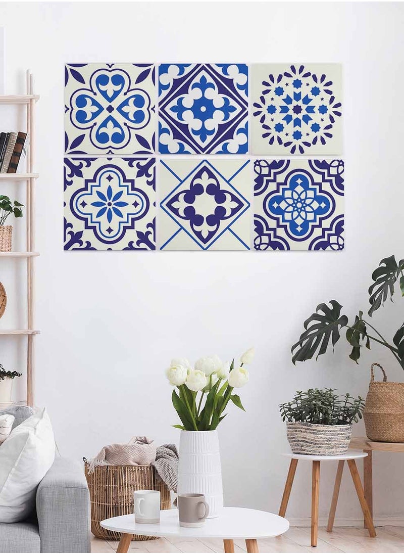 LOWHA Set Of 6 Framed Square Canvas Wall Arts Stretched Over Wooden Frame, Floral Mosaic Tiles Painting, For Home, Living Room, Office Decor  - Image 2