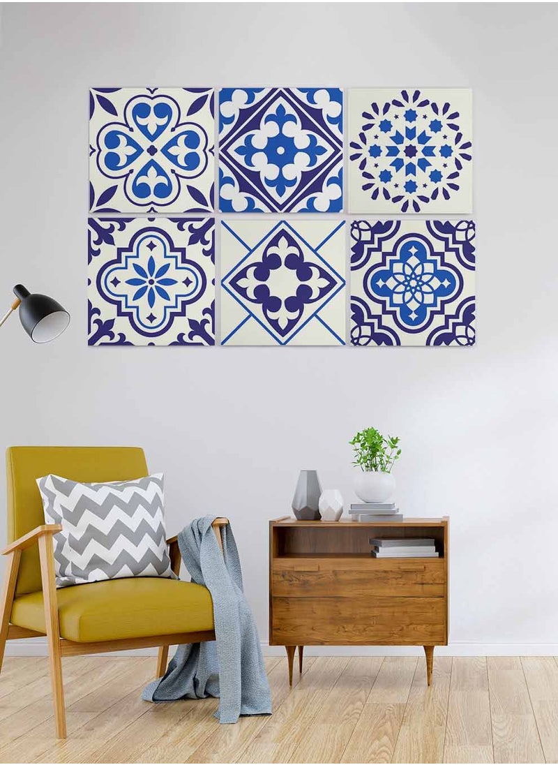 LOWHA Set Of 6 Framed Square Canvas Wall Arts Stretched Over Wooden Frame, Floral Mosaic Tiles Painting, For Home, Living Room, Office Decor  - Image 4