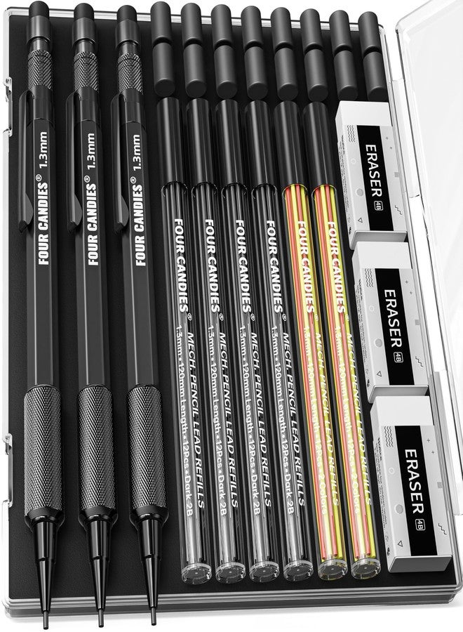 Four Candies 1.3mm Mechanical Pencil Set with 72 Lead Refill, 3PCS Metal Weatherproof Body Heavy Duty Carpenter Pencil, 3 Eraser, 16 Eraser Refill, for Outdoor Woodworking Drafting Marking with Case - Image 1