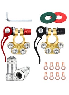 SYOSI 1 Pair Battery Terminals, 4 Way Positive & Negative Terminal Connector Kit with Anti Corrosion Washers, Hex Wrench, Copper Ring Lugs, Cleaning Brush for Car Marine Boat  - Image 1