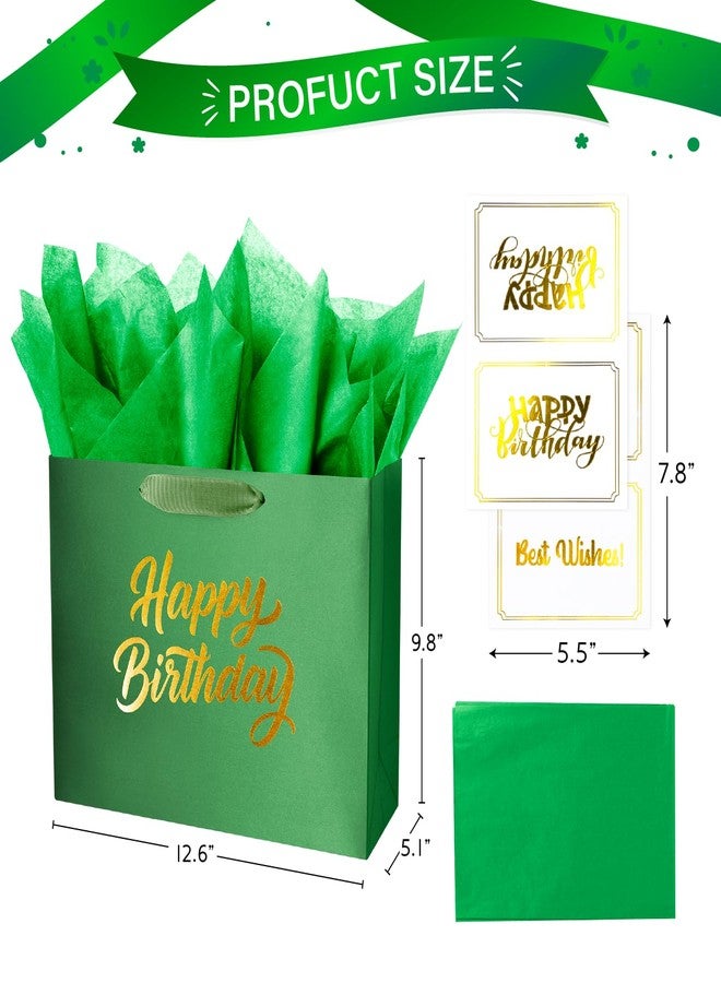 Linelglobal Green Birthday Gift Bag with Tissue Paper Solid Color Silky for Women Men Boutique 13" - Image 2