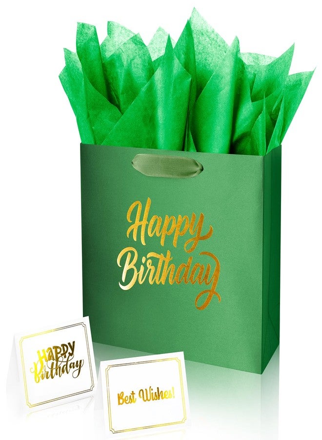 Linelglobal Green Birthday Gift Bag with Tissue Paper Solid Color Silky for Women Men Boutique 13" - Image 1