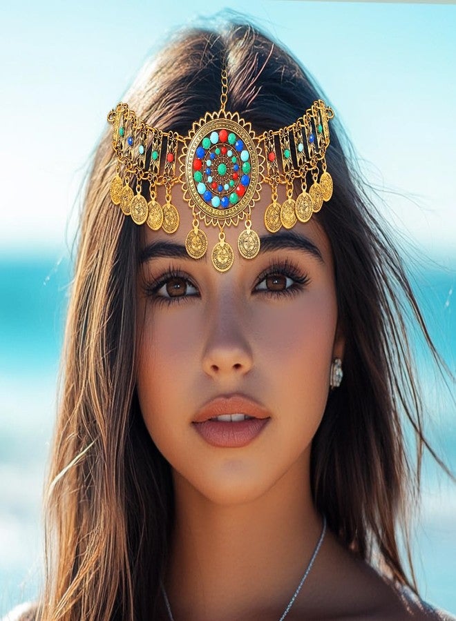 ووي سلسلة رأس بوهيمية ذهبية من Woeoe مرصعة بالفيروز، سلسلة شعر على شكل عملة معدنية عتيقة، غطاء رأس مصري أنيق للنساء - Image 5