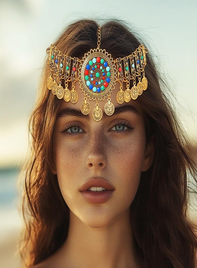 ووي سلسلة رأس بوهيمية ذهبية من Woeoe مرصعة بالفيروز، سلسلة شعر على شكل عملة معدنية عتيقة، غطاء رأس مصري أنيق للنساء - Image 3