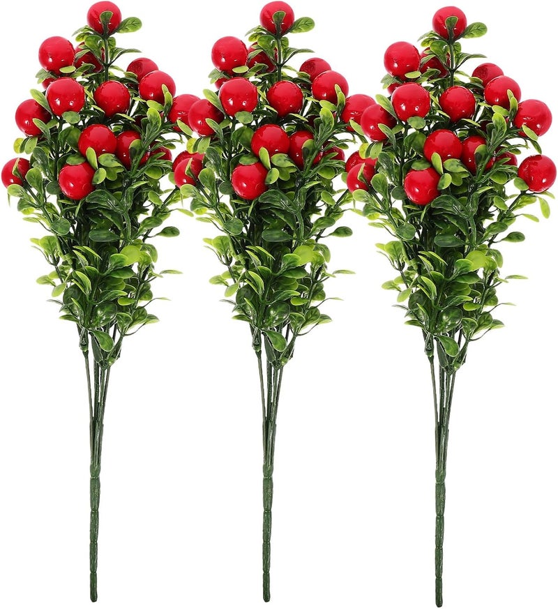 Artificial Red Cherry Branches Faux Cherry Flowers 3 Bunches Plastic Red Berries Stems for Home Decor Wedding Party Christmas Vase Arrangement - Image 1