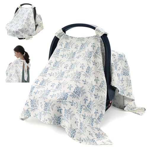 SERAPHY 2-in-1 Muslin Baby Car Seat Cover & Nursing Cover, Soft Lightweight Breastfeeding Cover for Boys and Girls,Breathable Canopy for Infant Carseat & Stroller for Summer—Blueberrie - Image 1