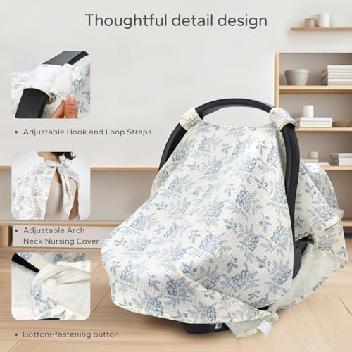 SERAPHY 2-in-1 Muslin Baby Car Seat Cover & Nursing Cover, Soft Lightweight Breastfeeding Cover for Boys and Girls,Breathable Canopy for Infant Carseat & Stroller for Summer—Blueberrie - Image 5
