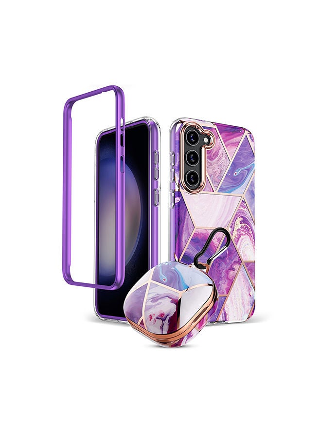 O Ozone Marble Bundle for Samsung Galaxy S23 Plus Case + Galaxy Buds Case Full-Body Smooth Gloss Finish Marble Shockproof Bumper Stylish Cover (Purple) - Image 1