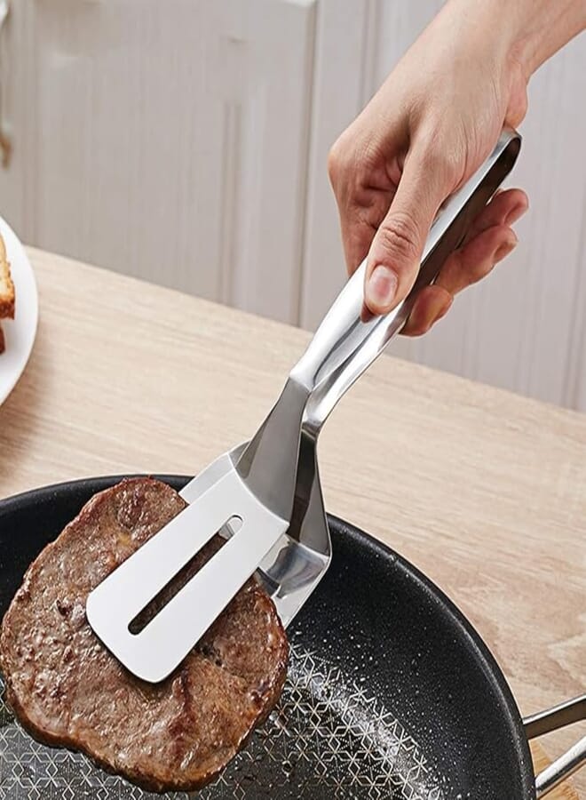 Spaceshoop Multifunctional Stainless Steel Food Flipping Spatula Tongs Clip for Beefsteak Bread Hamburger BBQ Meats Pizza Pies Bread Fish