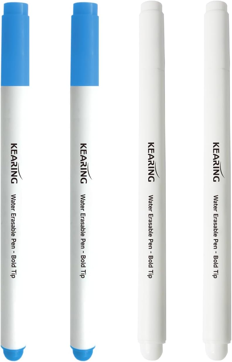 KEARING Water Erasable Pen with Eraser, Disappearing Ink Pen for Fabric Embroidery,4 Count Pack(2 Blue & 2 White) - Image 1